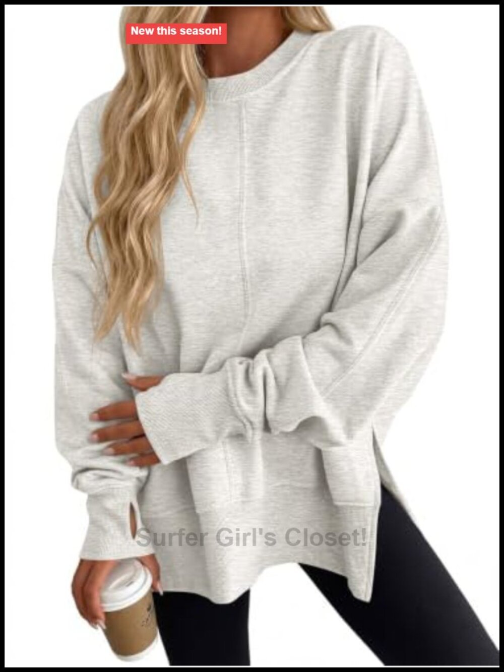 Oversized Crewneck Fleece Sweatshirt Thumb Hole Loose Pullover Womens